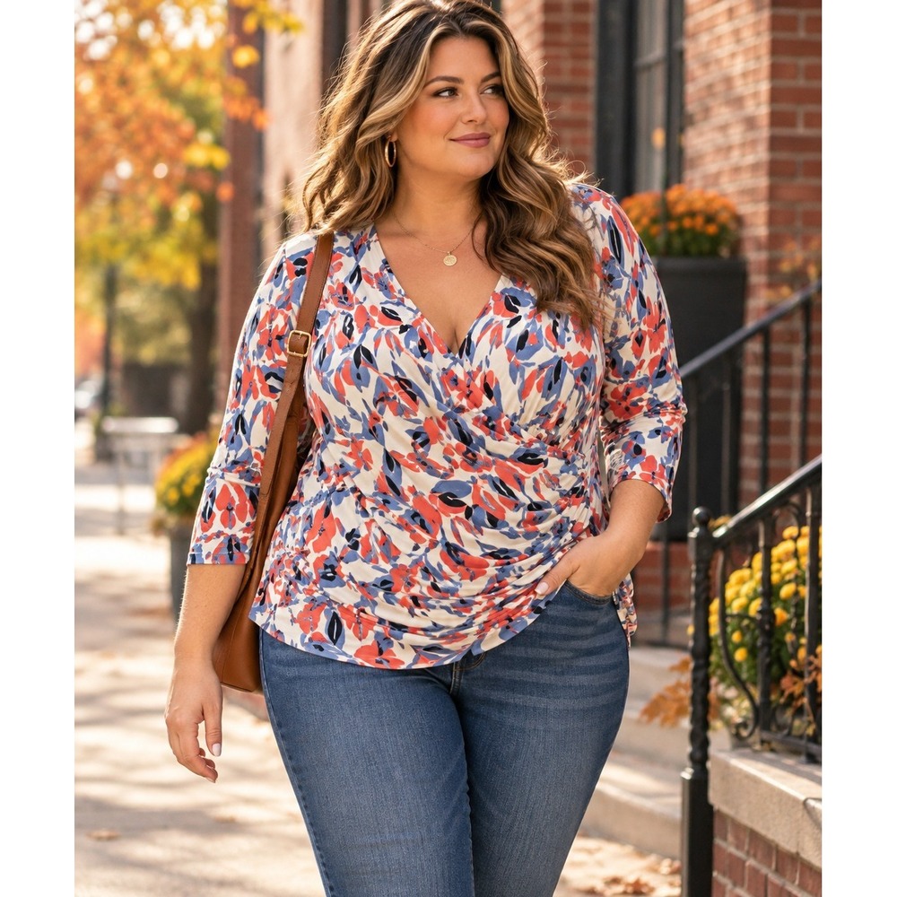 Lauren Ralph Lauren Top 3X Plus Floral Faux Wrap Draped 3/4 Sleeve Stretch